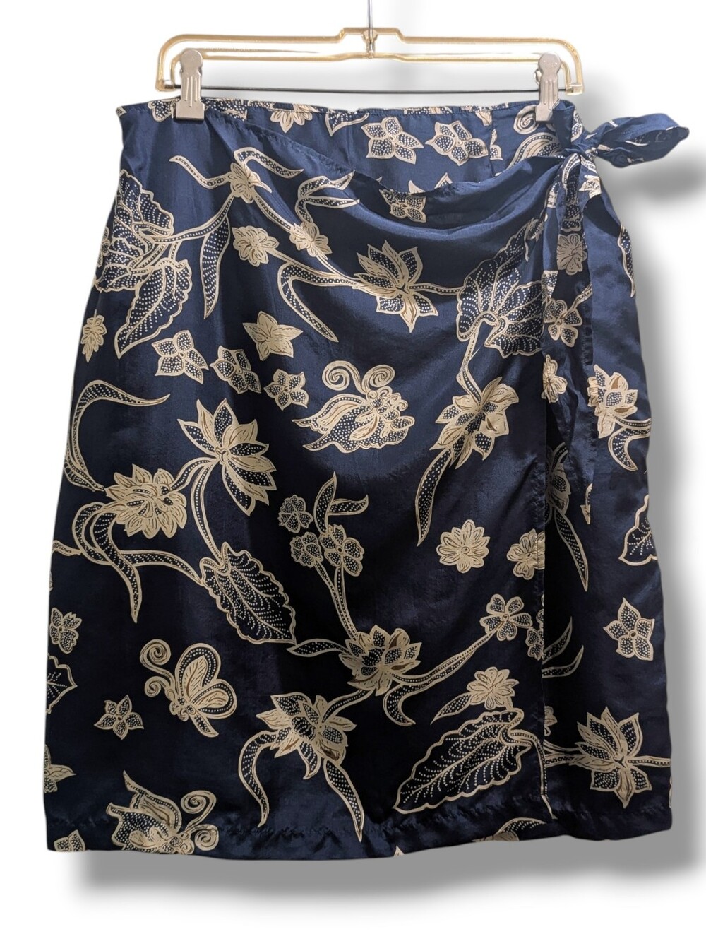 The Avenue Vintage Navy Blue Tan Floral 100% Silk Wrap Pencil Skirt- 14